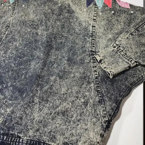 Diamonds Leather Acid Wash Embellished Denim Jean Jacket 1980s USA Size Medium - Picture 8 of 15